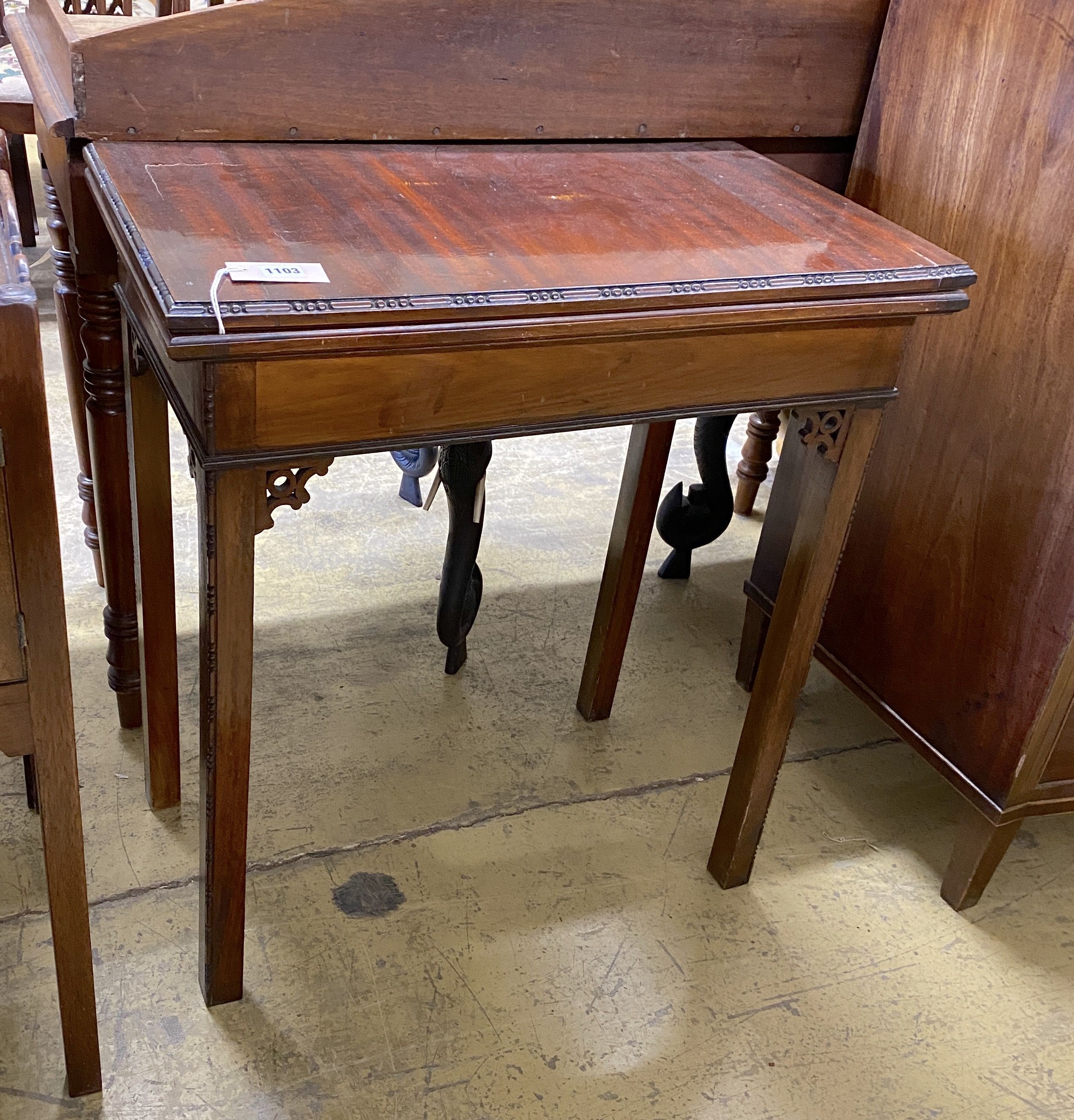 An Edwardian Georgian style rectangular mahogany folding card table, width 68cm, depth 40cm, height 75cm